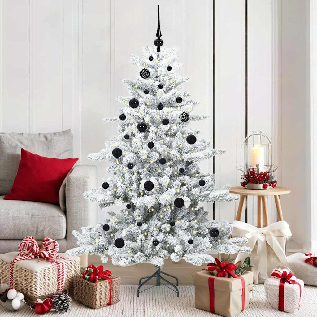 Sapin de Noël Artificiel Blanc 150 cm à Branches articulées en PVC et Acier avec Guirlande LED, Boules décoratives, Support Pliable pour Salon, Chambre, Bureau, intérieur Festif Hiver