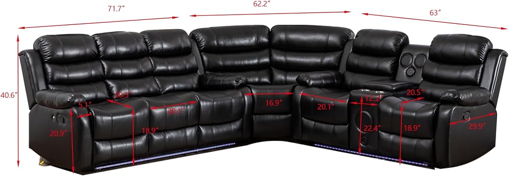 Hybition Faux Leather Living Room Set Modern Reclining Sectional Sofa with LED Light, USB Chargers, Sound System, 4Cup Holders, Hidden Storage, Black