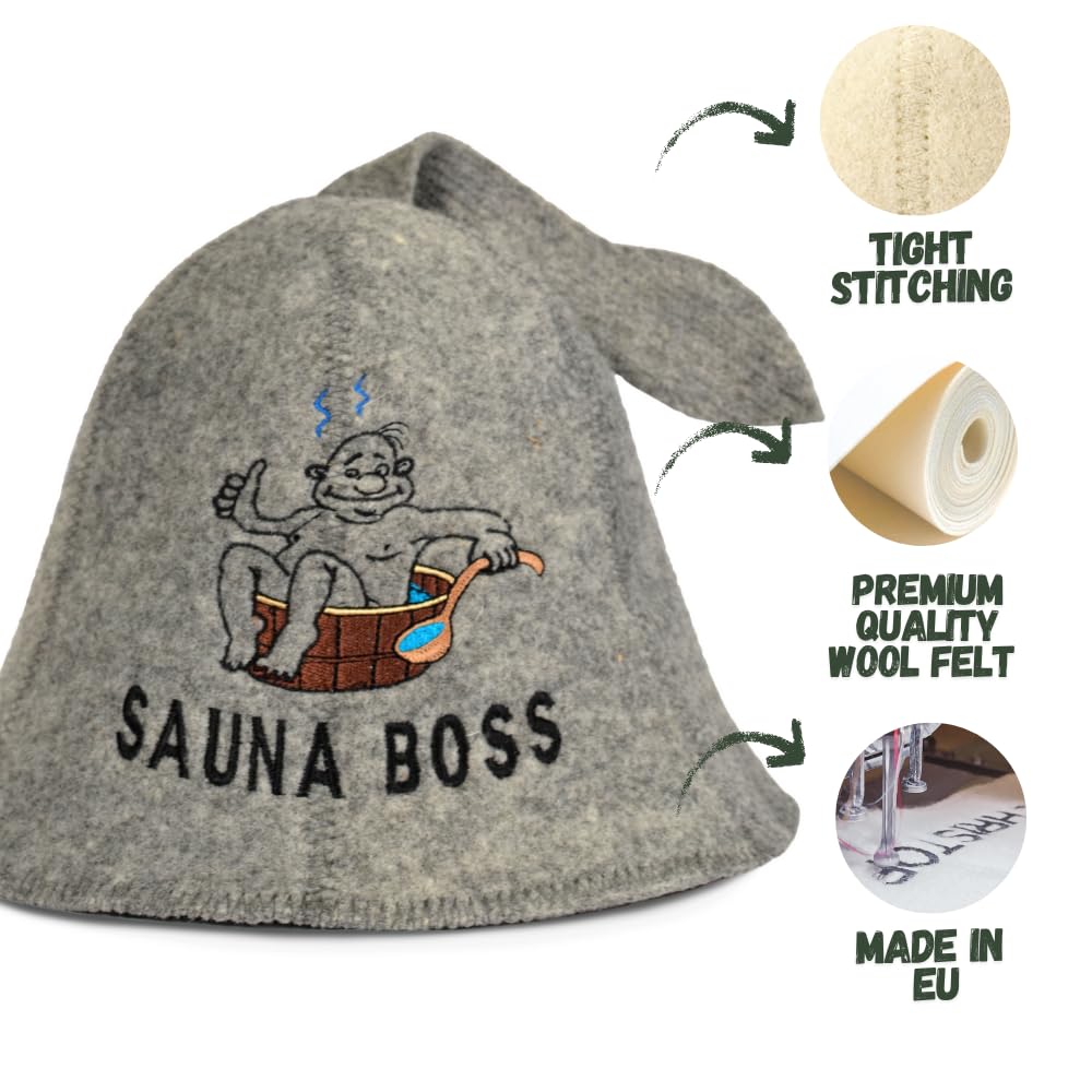 Sauna Boss - Gorro de sauna gris, 100 % lana orgánica para la bania rusa, protege tu cabeza del calor, guía electrónica de sauna inglesa incluida, con bordado
