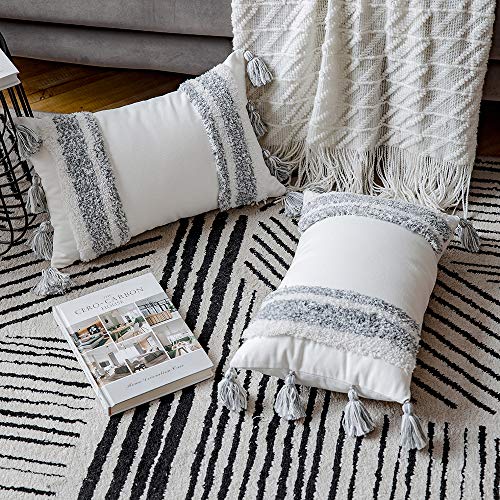 DEZENE Boho Throw Pillow Covers: 2 Pack 100% Cotton Woven Tufted Rectangle Lumbar Decorative Pillowcases with Tassels for Couch Sofa Bed, Accent Cushion Covers for Farmhouse, Kids, 12 x 20 Inch Grey