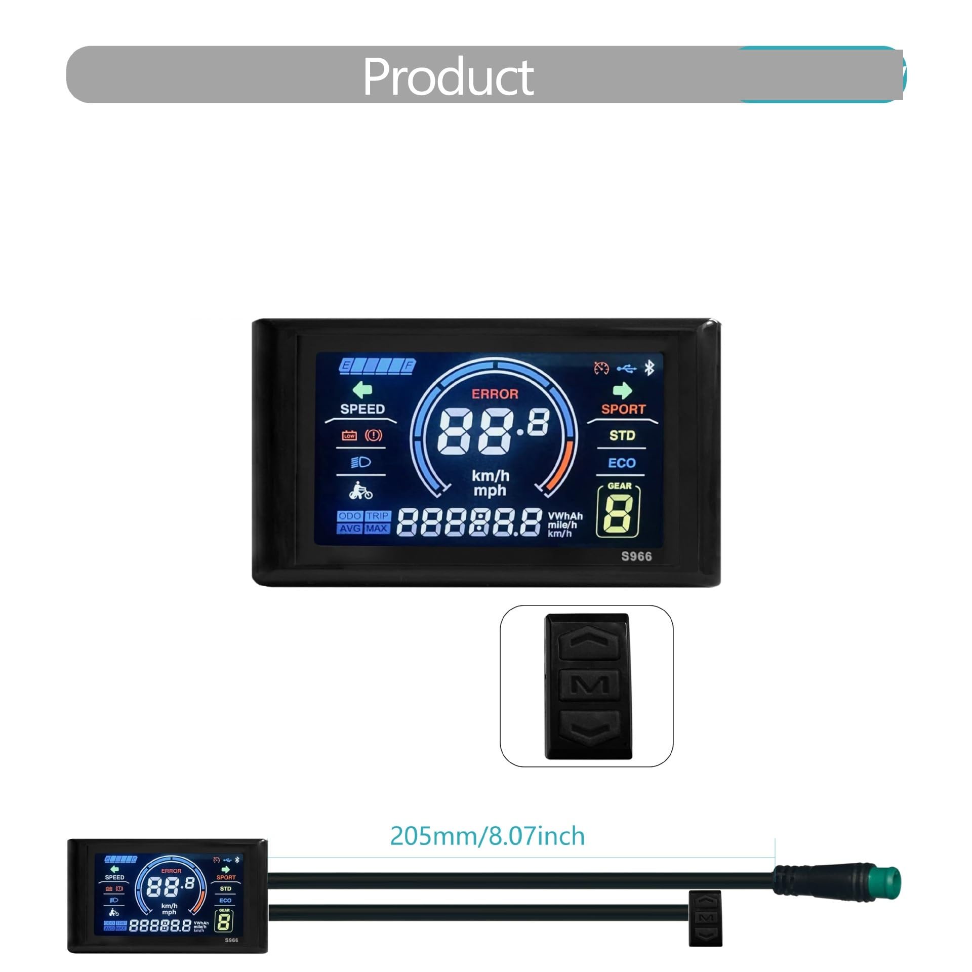 Pantalla para Ebike, Pantalla Inteligente LCD S966 para Bicicleta Eléctrica