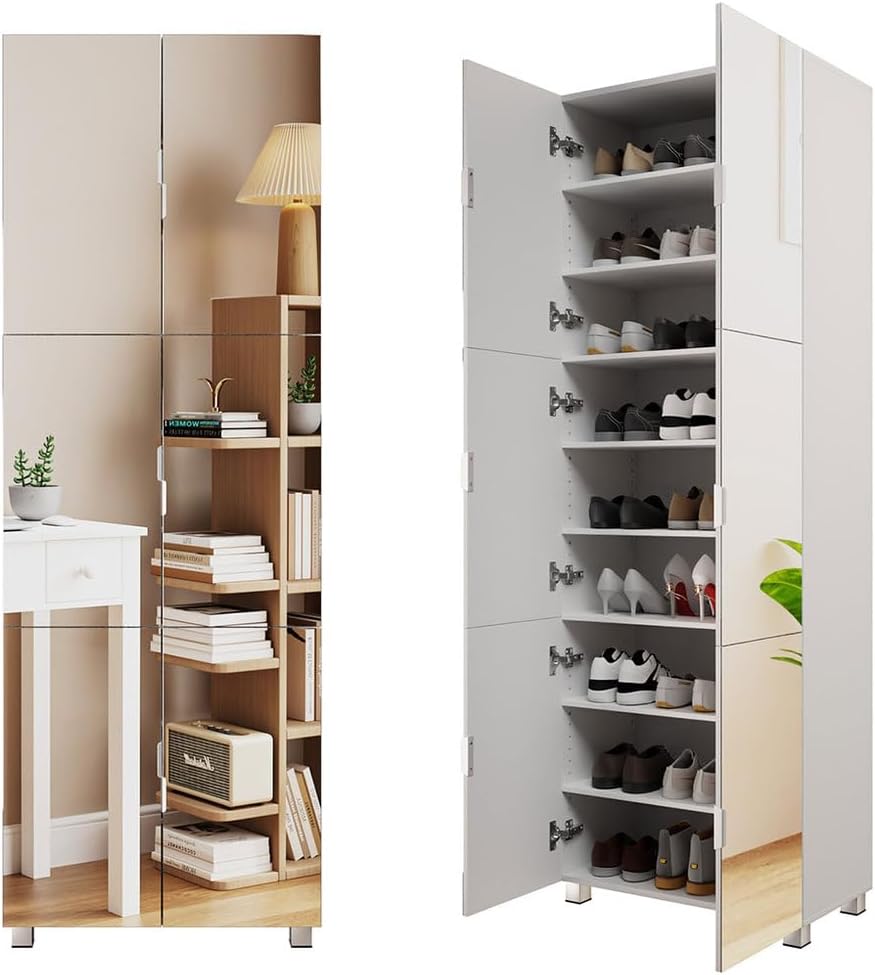 Tall Shoe Cabinet with Full-Length Mirror, 9-Tier Shoe Storage Organizer for Entryway, Bedroom & Closet, Adjustable Shelves for 28–36 Pairs, Soft-Close Doors, Ventilated & Space-Saving Design