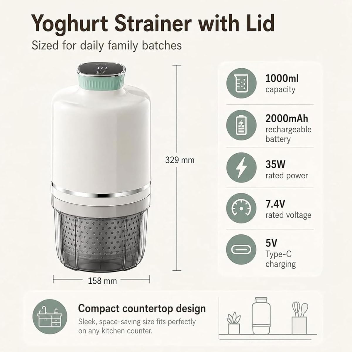 Colino elettrico per yogurt, 1000 ml, 2000 mAh, per formaggio con 3 modalità, 450 maglie sottili per yogurt greco fai da te, latte di soia, filtro per birra fredda, separatore di siero di latte