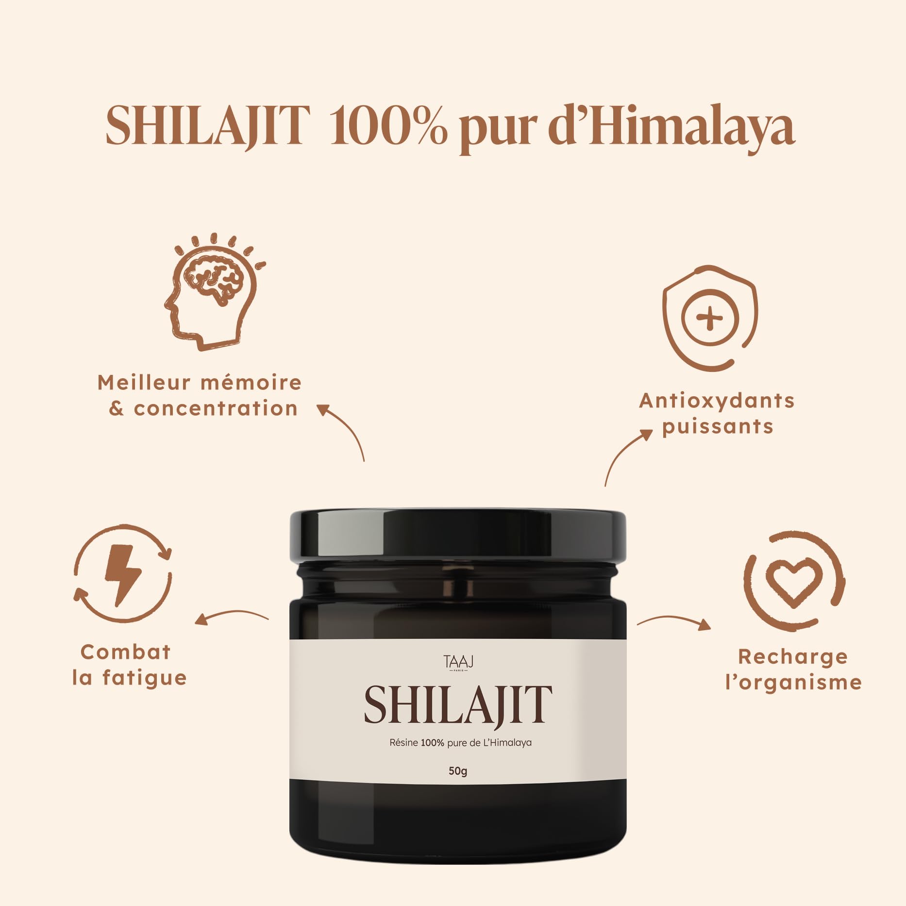 TAAJ | Shilajit en résine | Pur de l'Himalaya, 100% naturel | 70% d'acides fulviques | + 85 minéraux et oligo-éléments | Antioxydant | Cure de 3 mois | 50g