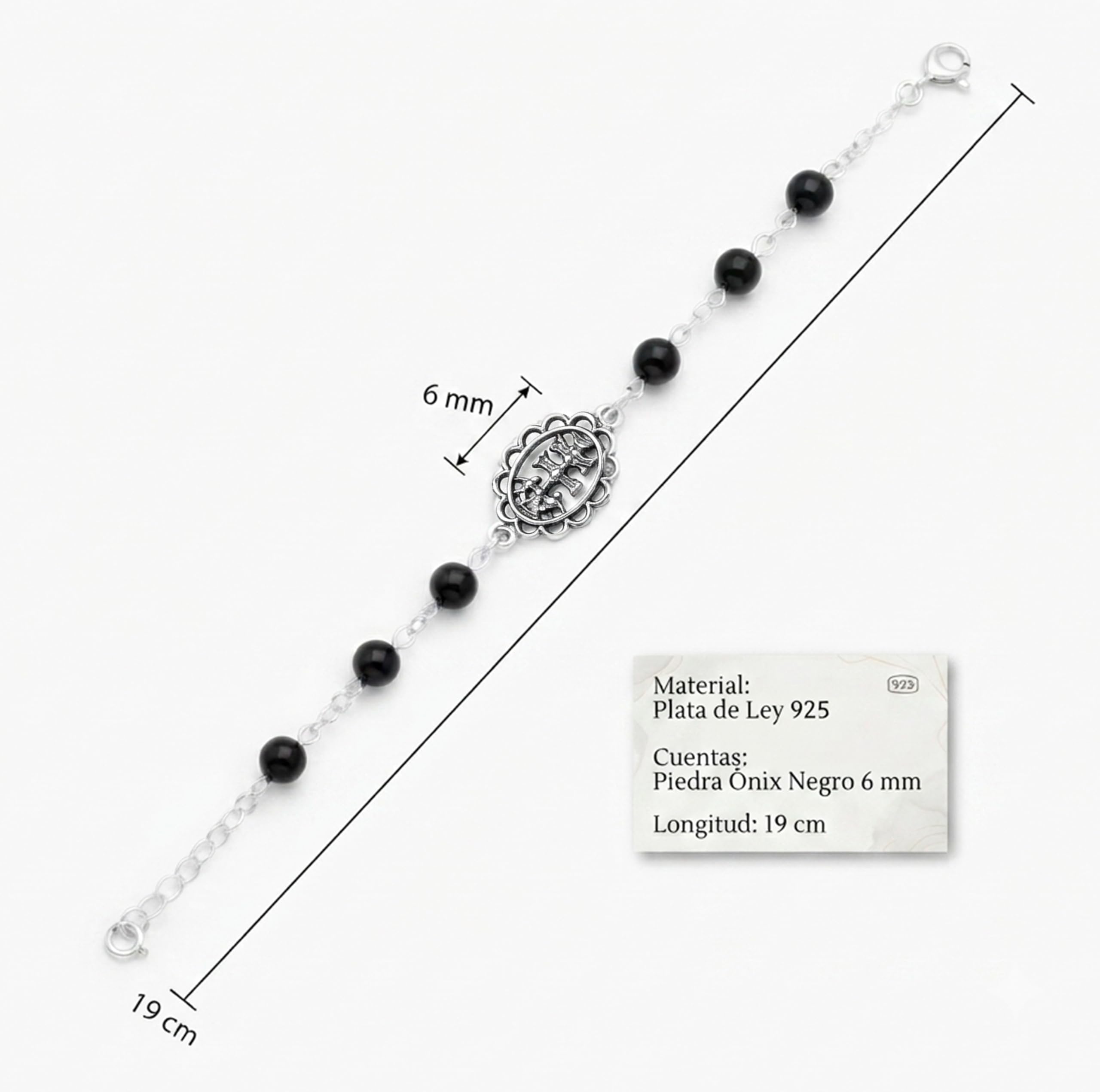 Only faith Bracciale con croce di Caravaca in argento Sterling 925 con onice nero | Pietre naturali da 6 mm, lunghezza 19 cm regolabile, design artigianale, ipoallergenico, chiusura a molla