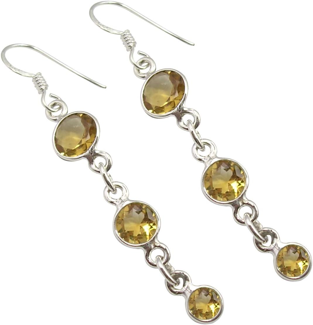 After Singles Day Deals SilverStarJewel Solid Sterling Silver Round Citrine Long Pierced Earrings 2.2" Stone