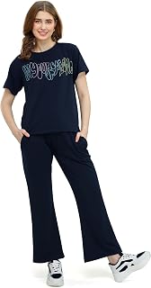 ZEYO Women's Cotton Typography Wide Bottom Night Suit Set of Top & Pajama Set Price In India