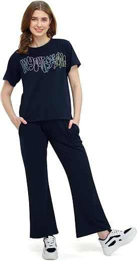 ZEYO Women's Cotton Typography Wide Bottom Night Suit Set of Top & Pajama Set