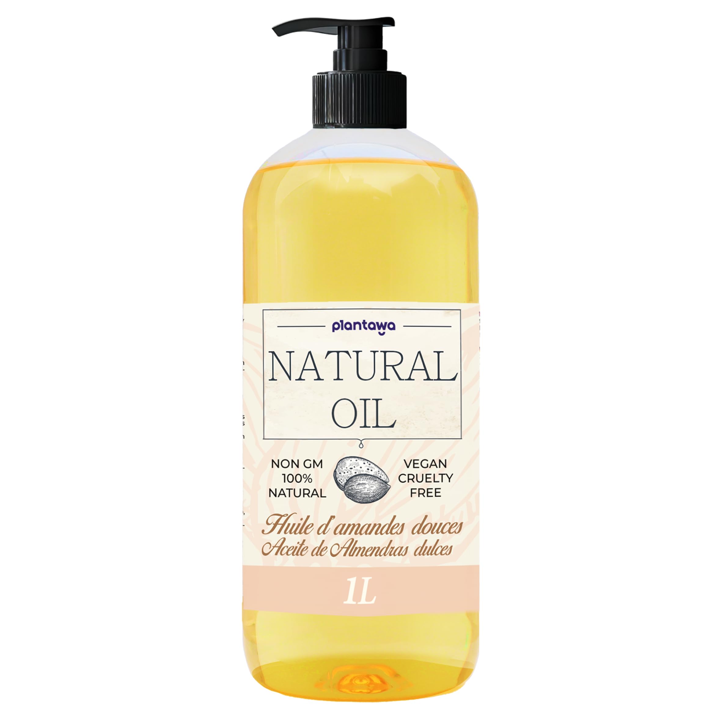 PLANTAWA Aceite Almendras Dulces 1L con DOSIFICADOR | Aceite Corporal de Almendras. Hidratación para Piel y Cabello | Aceite Almendras 100% Puro, Natural y Versatilidad