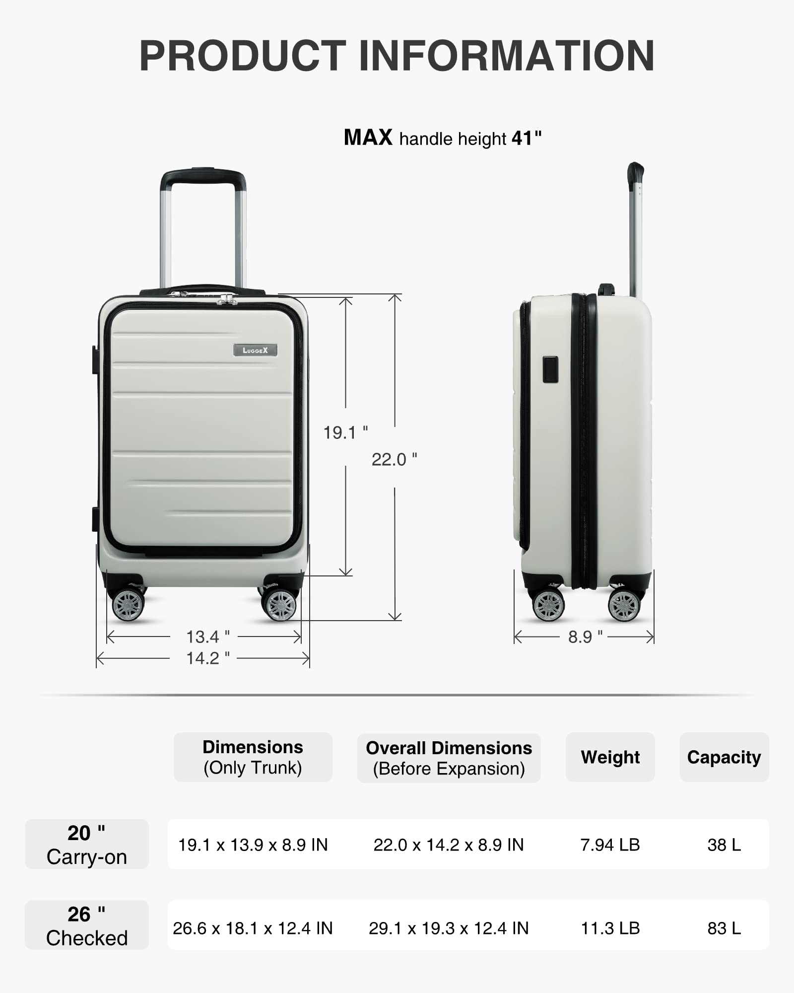 LUGGEX Carry On Luggage 22x14x9 Airline Approved with Laptop Compartment, PC Hard Case Luggage with USB Port, Travel Suitcase with Wheels, Lightweight (White Suitcase)