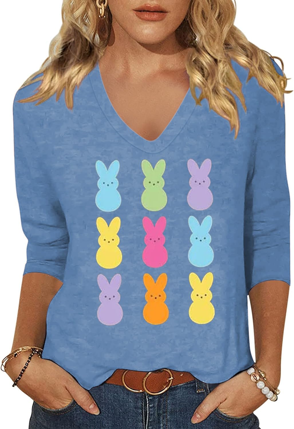 Woffccrd Womens 3/4 Sleeve V Neck T-Shirts Valentina's Day Spring Shirts Love Heart Printed Graphic Tees