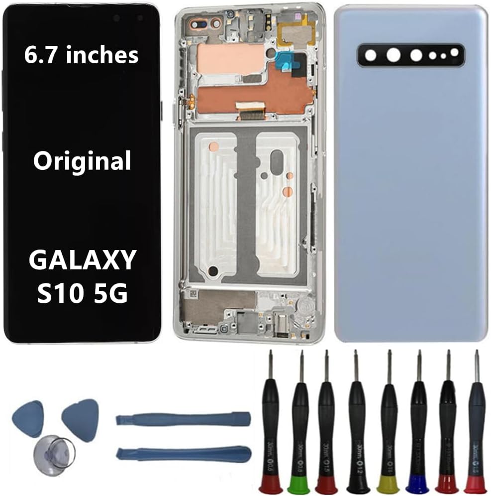 6.7" Original AMOLED for Samsung Galaxy S10 5G SM-G977U SM-G977P SM-G977B Screen Replacement S105g Display Touch Screen Assembly Not for S10 and S10 Plus (with Silver Frame+Back Cover+Tools)