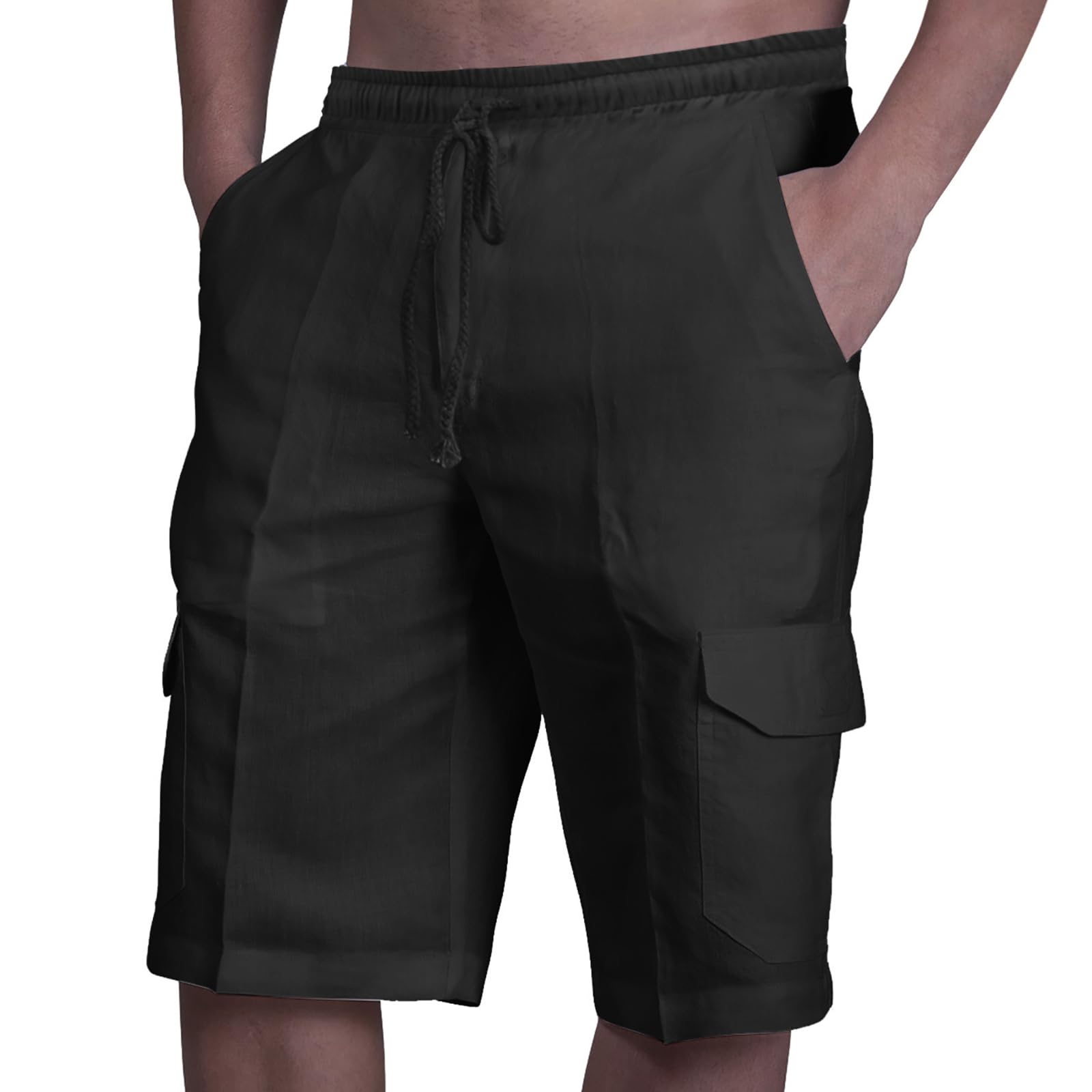 Youthful flying Cotton Linen Shorts for Mens Elasticated Waist Bermuda Shorts Quick Dry Running Shorts(Size:M,Color:Black)