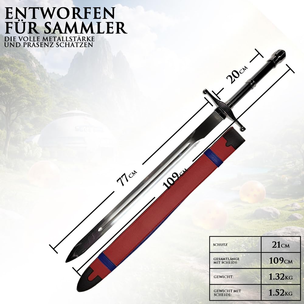 Dragon Ball Z Future Trunks Schwert 112cm | Dragonball Tapions Schwert aus Stahl mit tragbarer Rückenscheide | DBZ Anime Cosplay Waffe & Gurt | Metall Replik