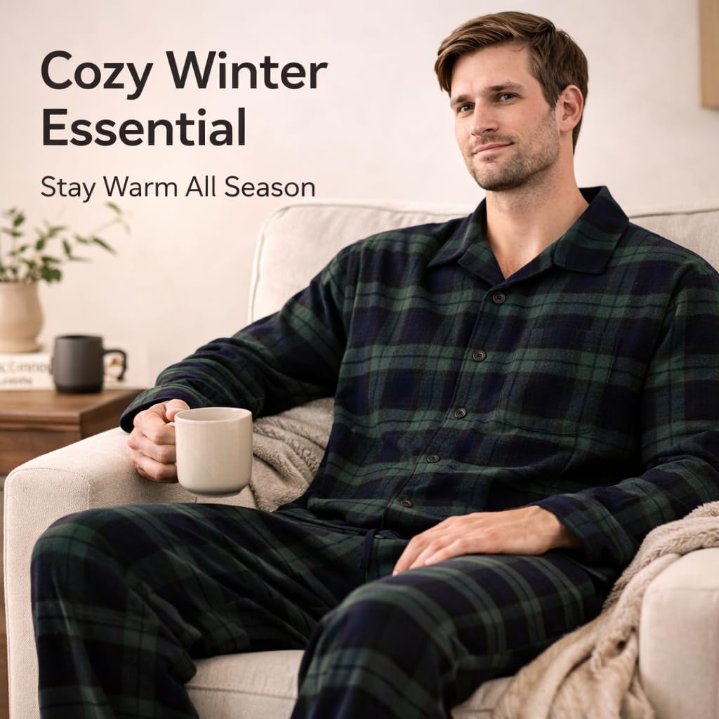 Pigiama Uomo in Flanella 100% Cotone a Quadri con Camicia e Pantaloni con Vita Elastica, Morbido e Caldo per Inverno