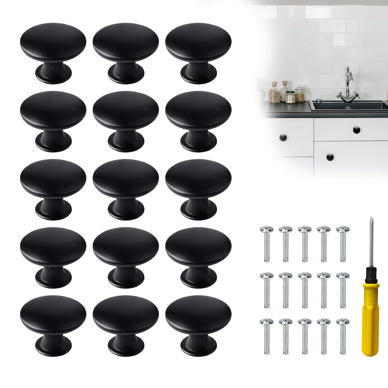 Katslyn Black 15 Pcs Drawer Knobs 30Mm, Vintage Cabinet Handles With 15 Screws And Screwdriver For Wardrobes, Kitchen, Cupboard, Furniture