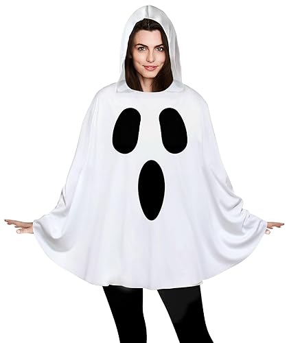 Oskiner Ghost Costume for Adults,White Ghost Poncho Hooded Cape,Spooky Halloween