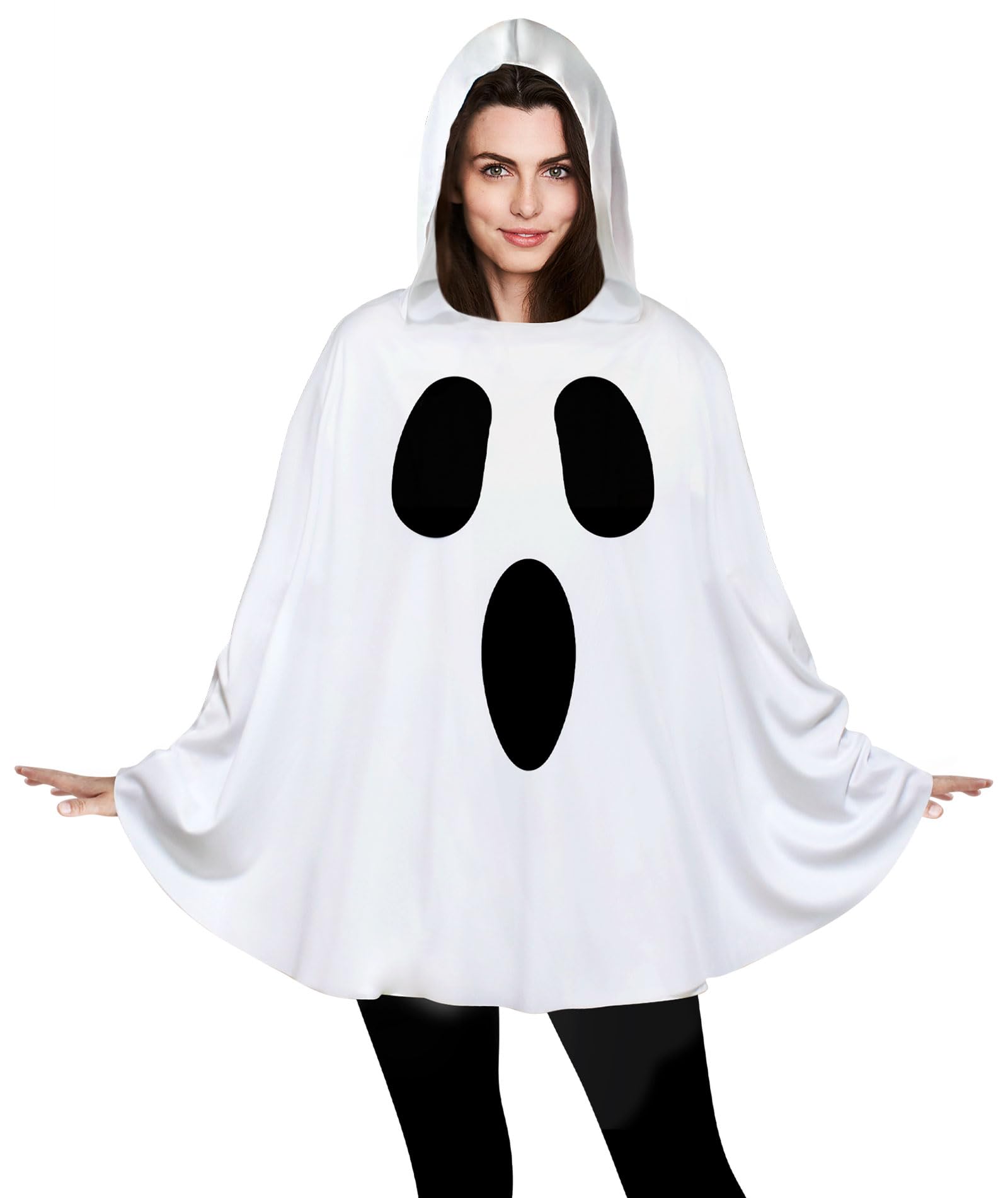 Ghost Costume for Adults,White Ghost Poncho Hooded Cape,Spooky Halloween Costume for Women