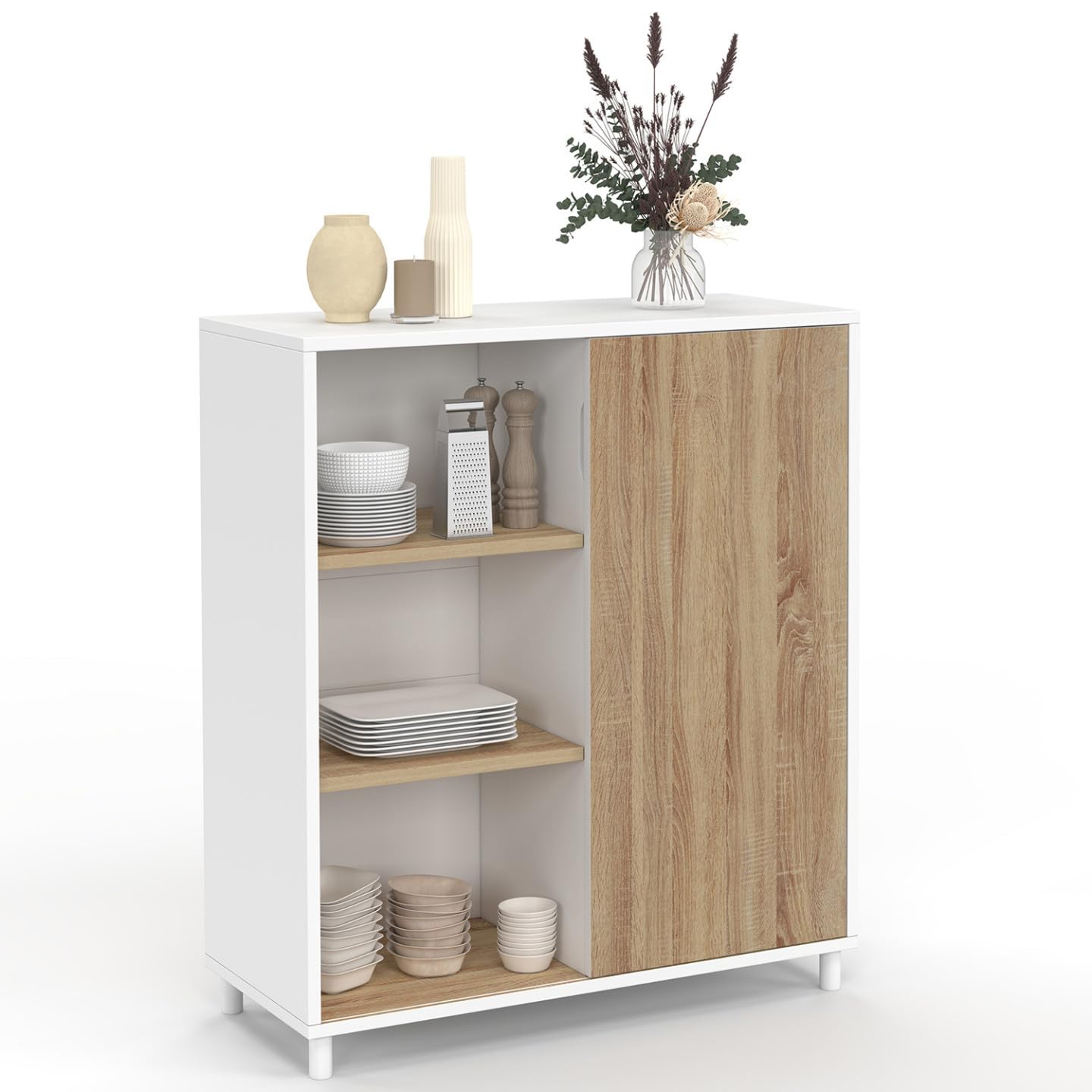 IDMarket - Aparador auxiliar (70 cm, fácil montaje, sin herramientas, 3 estantes y 1 puerta corredera reversible, color blanco y madera