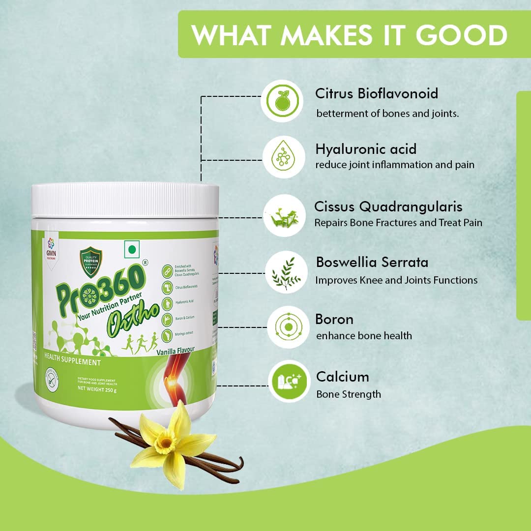 Pro360 Ortho Bone and Joint Protein Supplement Powder for Orthopedic Care with Natural Herbal Extracts, Diabetic Friendly - Vanilla Flavour, 250+250g Pack of 2 2