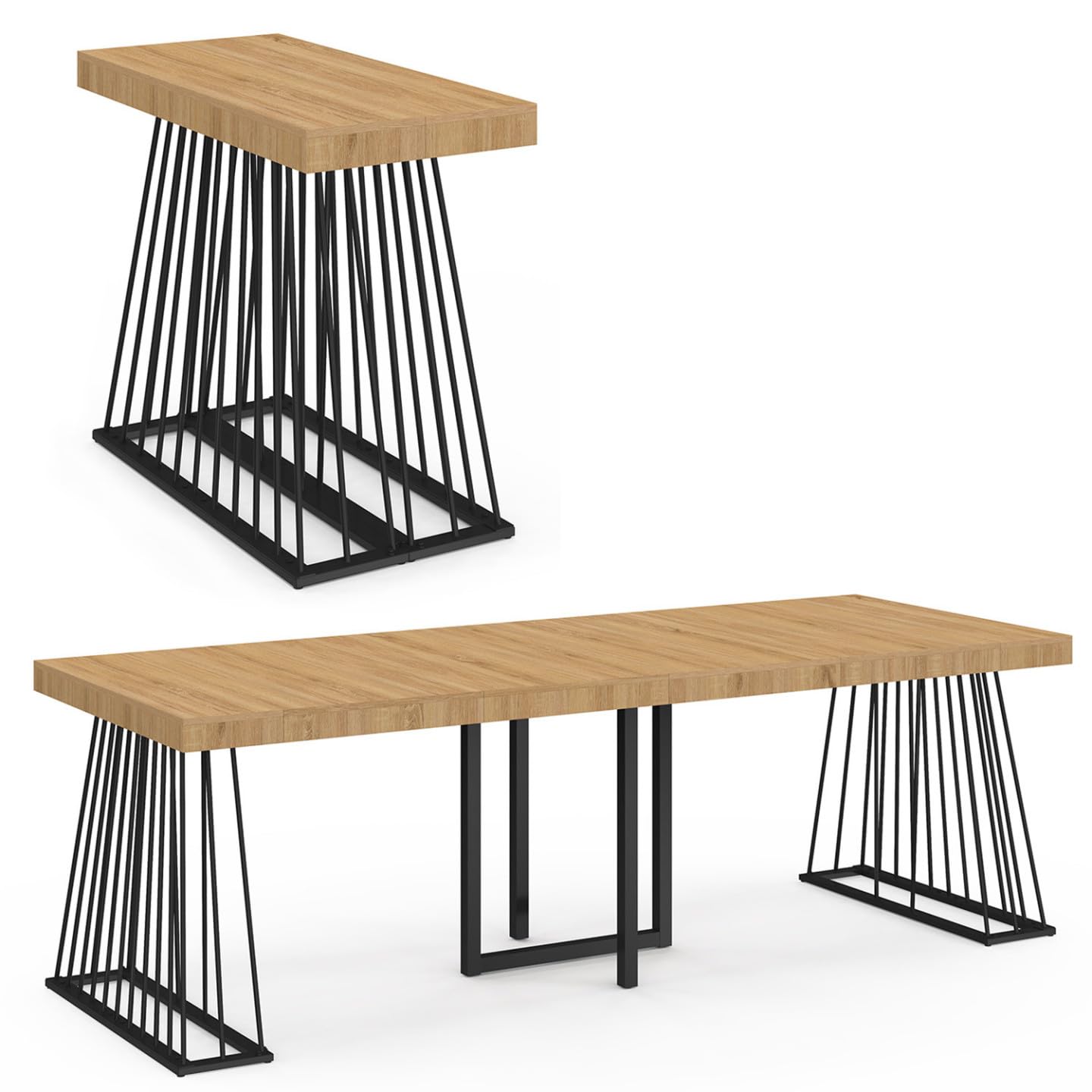 IDMarket - Consolle allungabile YUNA, 10 posti, 235 cm, con piano in legno e gamba in filo metallico nero