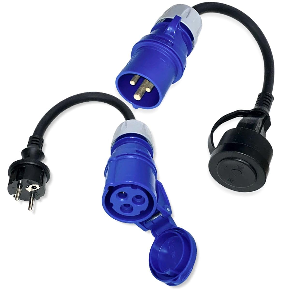 CEE Adapter Set, 2X CEE Adapter Schuko, Kabel 3x2.5 mm, H07RN-F 3G2,5, 30 cm Camping Stromadapter, Schuko Stecker auf CEE + CEE auf Schuko Kupplung, 230V 16A 3-polig IP44