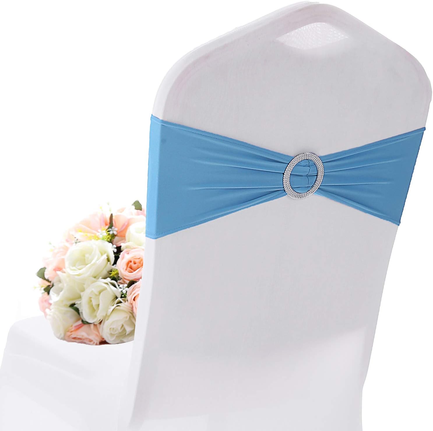 Yetomey Chair Sashes Spandex Bow Chair Bands with Buckle Slider Sashes for Wedding Banquet Party Event Decoration (Sky Blue, 10PCS)