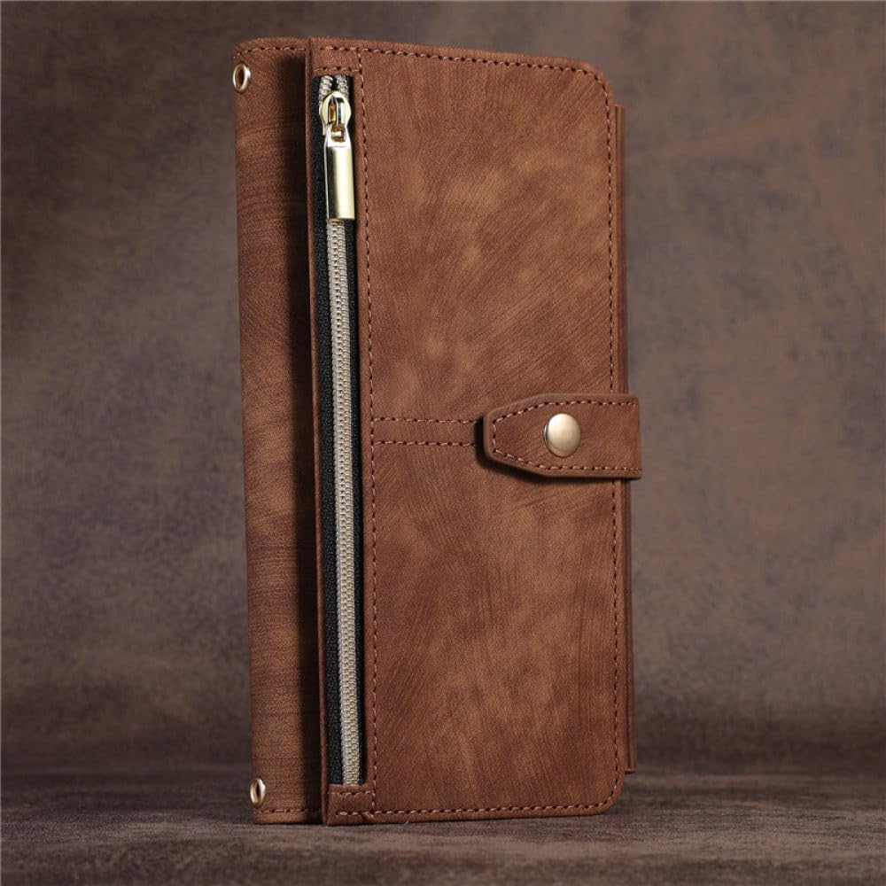 Funda de Cuero con cordón Largo para Samsung Galaxy Note 20 Ultra 10 9 S23 S22 S21 FE S20 S10 S9 S8 Plus Funda para teléfono con Tarjeta Tipo Billetera con Cremallera, marrón, para Samsung S21 FE