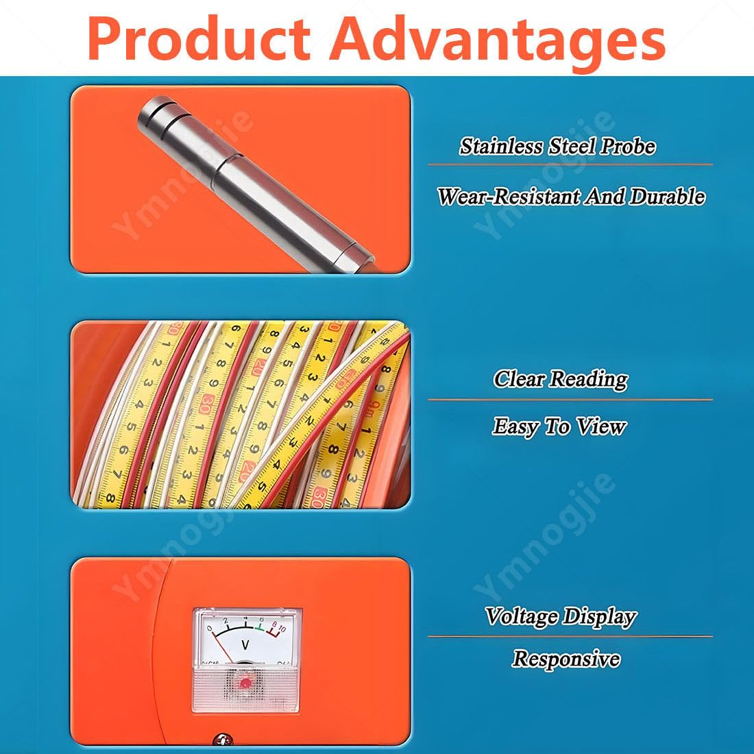 Medidor Nivel Agua,Indicador Profundidad Agua,con Sonda Acero Inoxidable Y Cinta Métrica,Zumbador,Medidor Nivel Agua para Medición Pozo Agua 10 M a 300 M 10m