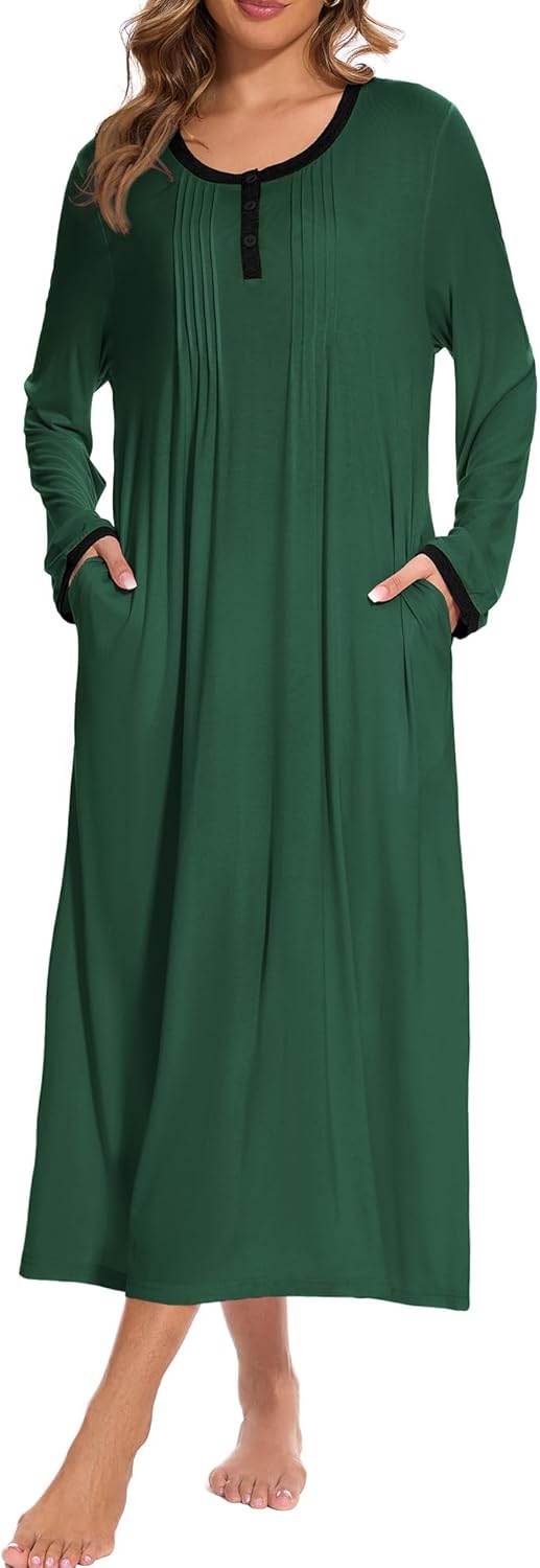 AVIIER Cotton Nightgowns for Women Soft Long Sleeve Night Gown with Pockets - Image 3
