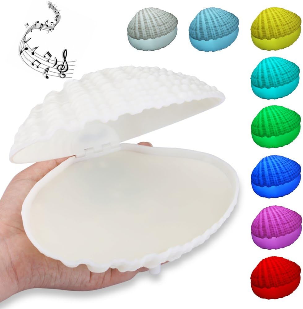 Shell LED Night Light Bluetooth Speaker Music Box - Qoolife 2-in-1 Functional USB Rechargeable Colorful Shell Music Lamp Music Desk Light for Children Room Home Decor