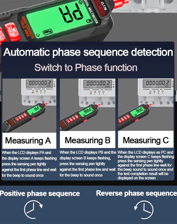 ZL16B Multimeter demonstrating automatic phase sequence detection for phases A, B, and C, showing positive and reverse sequence indicators
