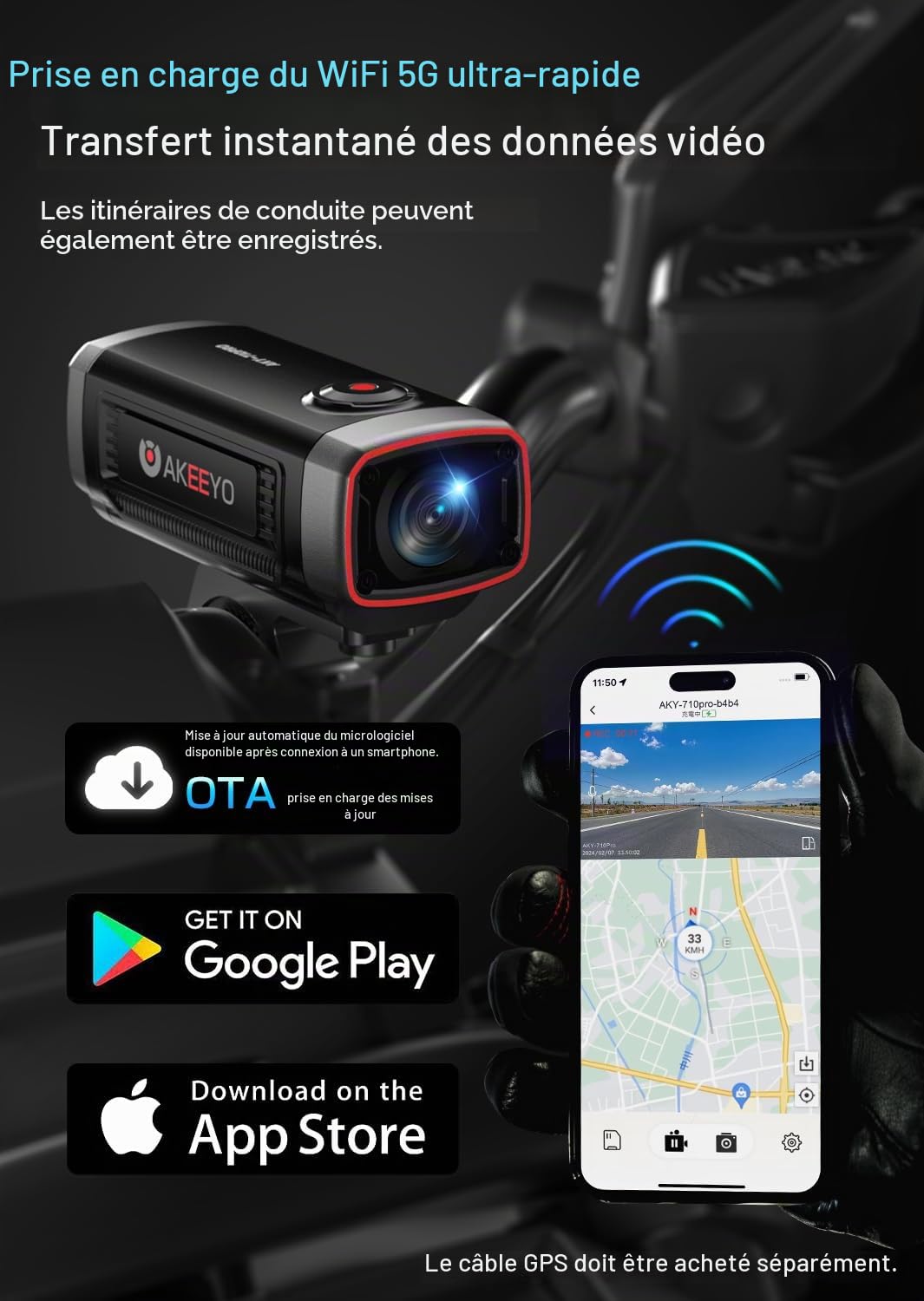 Akeeyo-710pro EIS Motorcycle Camera,4K 28fps 20MP WiFi Motorcycle Dash Cam,IP66 Ultra HD Imperproof Motorcycle Camera,142° Grand Angle Vision Nocturne avec Carte 64 Go,G-Sensor,Mode de Stationnement