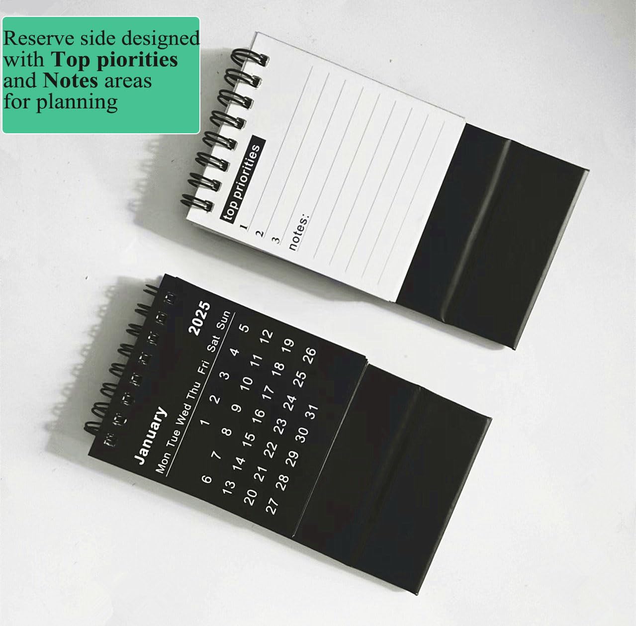 Mini Calendrier De Bureau Pliable 2025-2026 - Format Compact (6.5x3.5x7 Cm) | Noir | Idéal Pour école, Bureau, Table De Chevet | Avec Notes Autocollantes