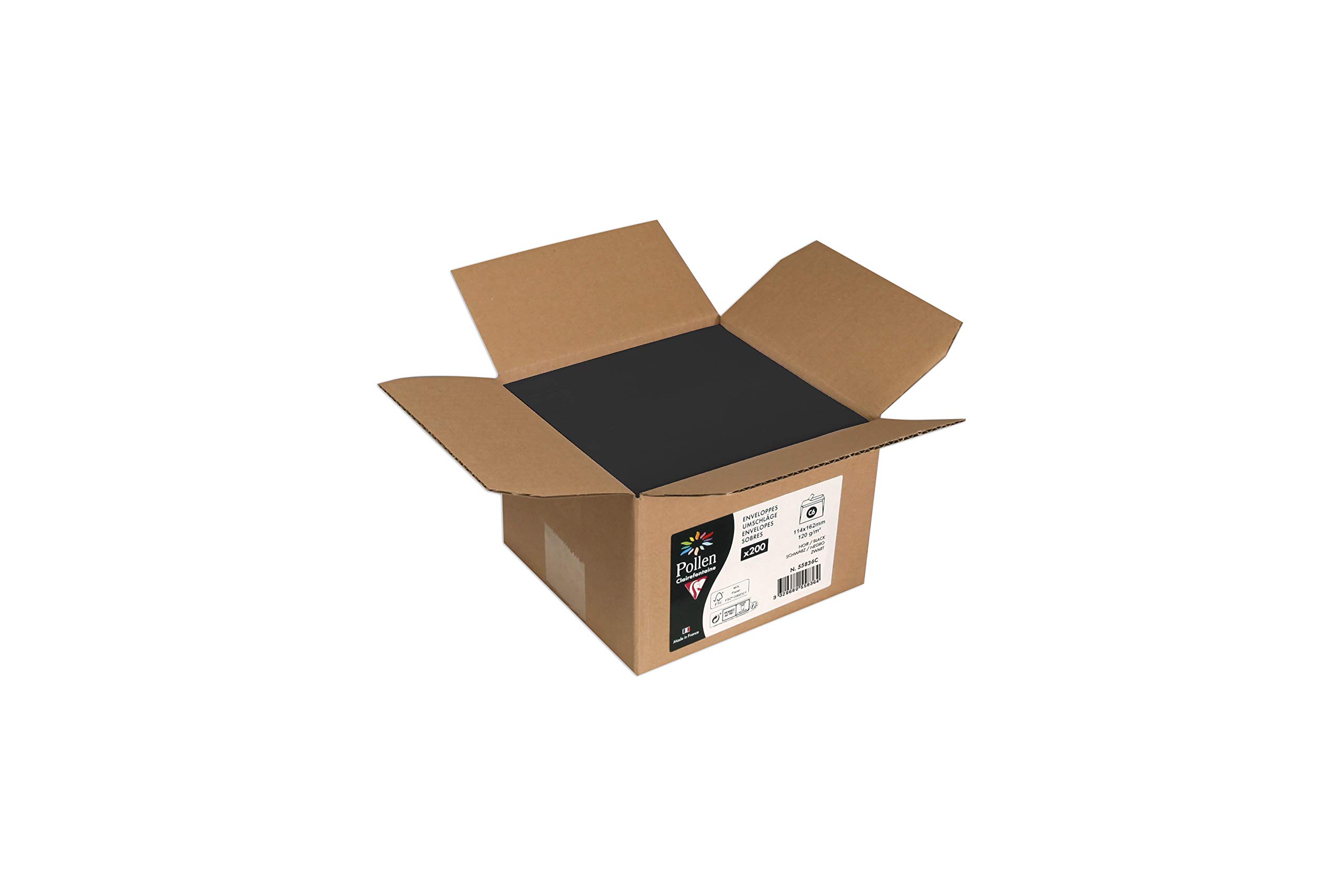 Clairefontaine 55836C Box of 200 Self-Adhesive Envelopes C6 (11,4x16,2cm) 120g Colour Black Invitation Event Correspondence Range Pollen Premium Smooth Paper