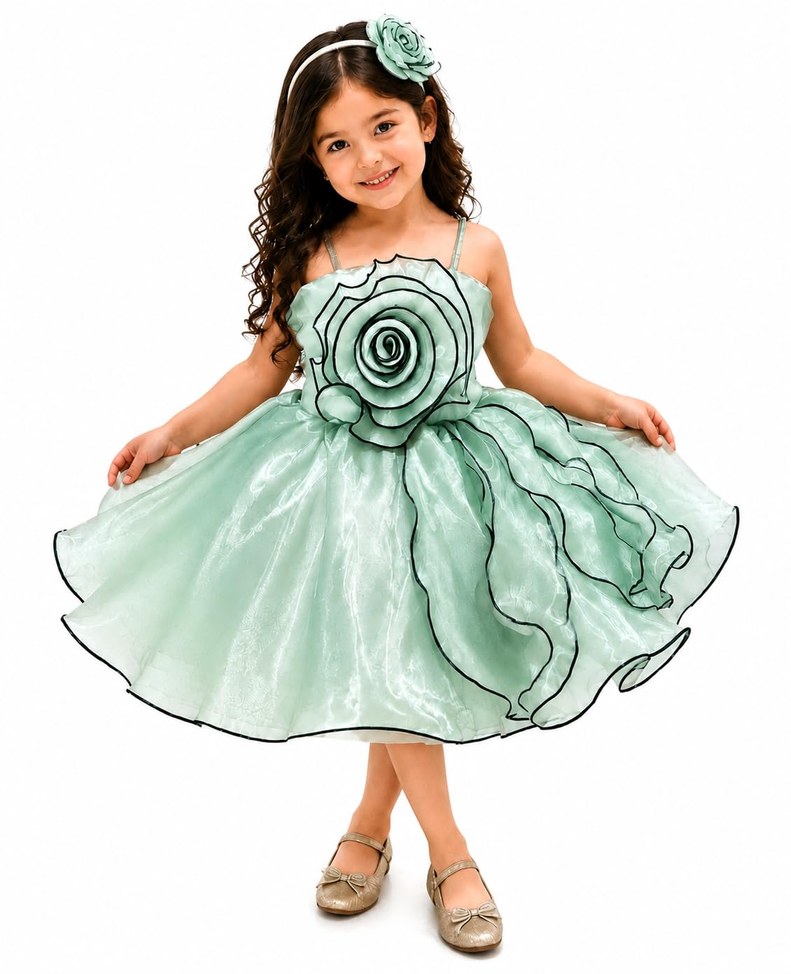 Girls' Frock, Golden Organza Party Dress with 3D Rose Applique, Spaghetti Strap, Flared Skirt-image-8