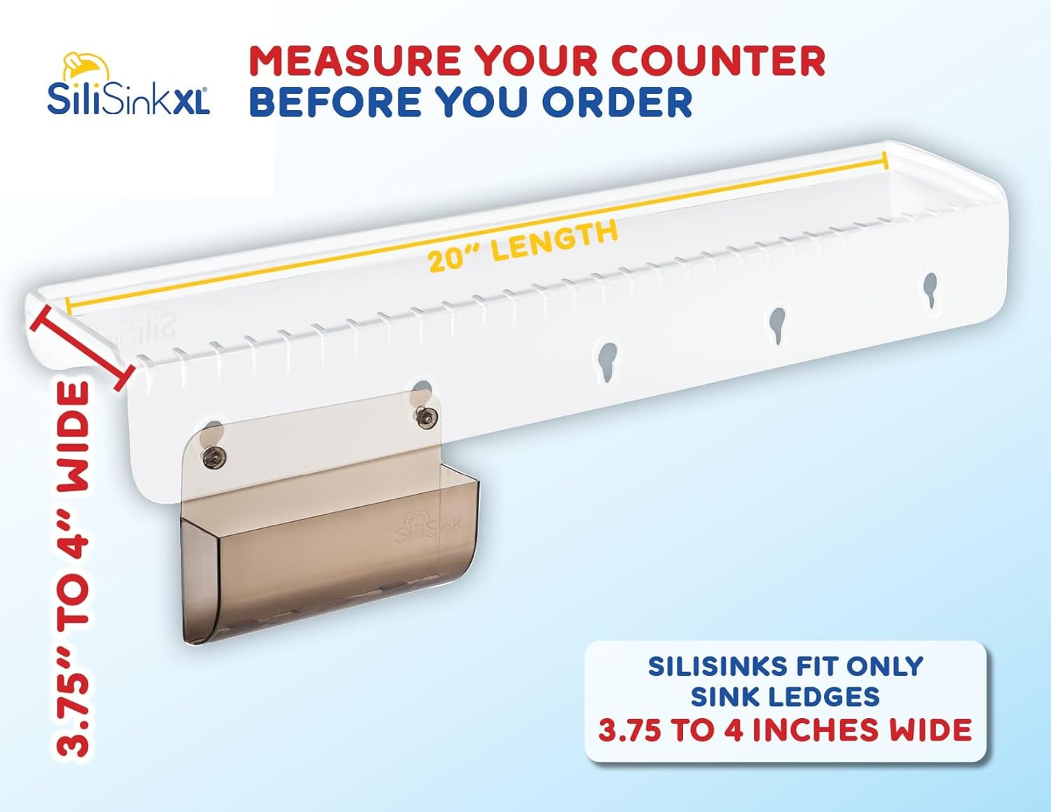 SiliProducts SiliSink XL Silicone Edge Guard for Kitchen Sink - Fits 3.75” - 4” Wide - The Original Silicone Sink Edge Protector with Sponge Caddy - Splash Guard, 20” Clear Diamond