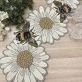 Enliven Handmade Beaded Table Runner 13x36 Inch, Bee Floral Table Decor, Hand Beaded Glass Bead Runner for Dining Table, Coffee Table, Spring Summer Farmhouse Home Decor & Housewarming Gift