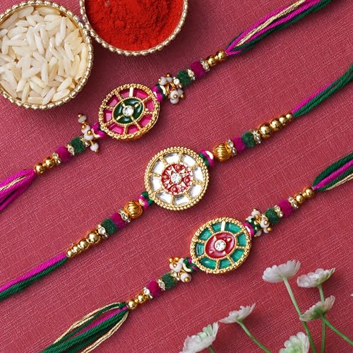 Image of eCraftIndia Set of 3 Peacock Designer Rakhis for Brother Bhabhi Kids Bhaiya | Raksha Bandhan Rakhi Combo Hamper