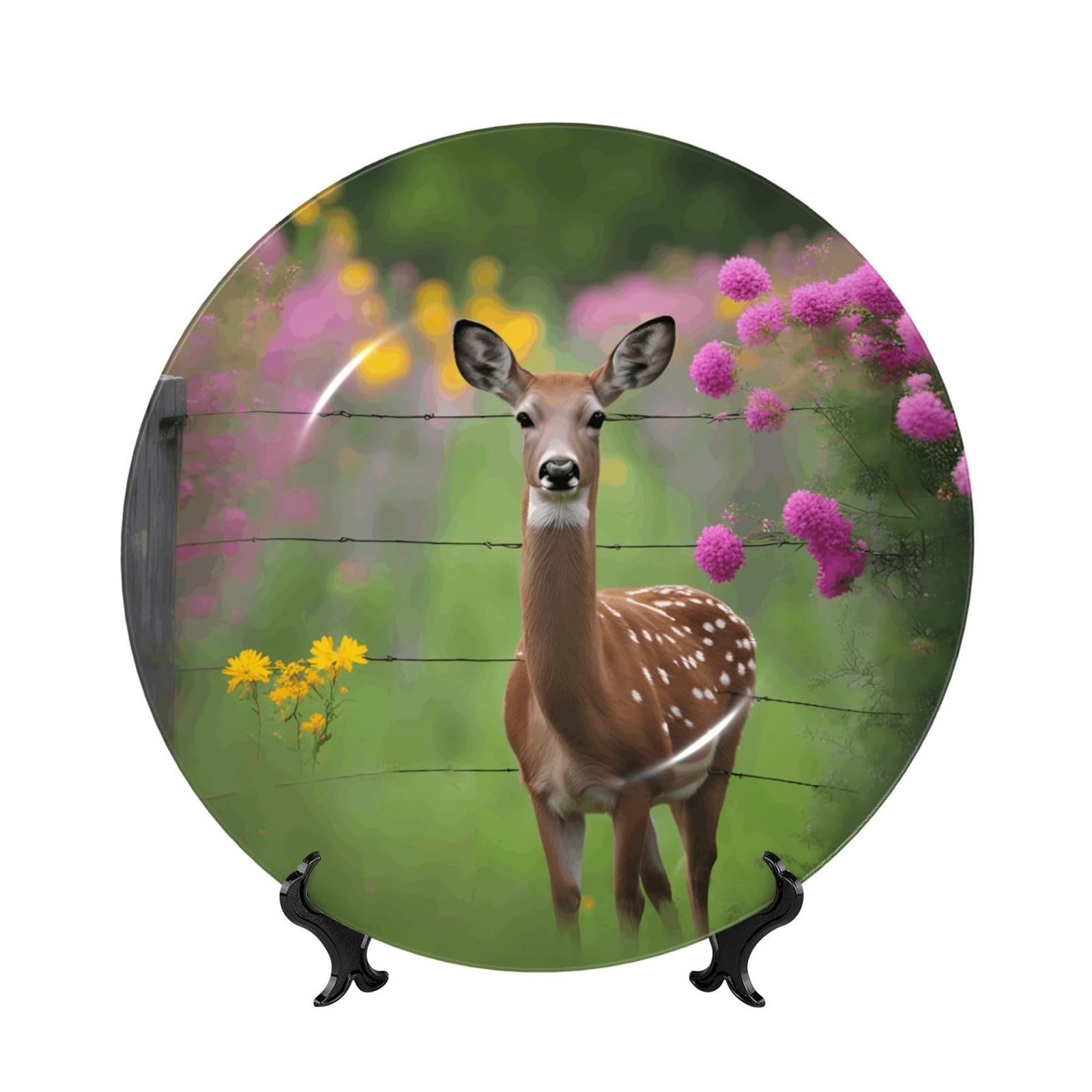 SXZVVBN A beautiful deer Bone China Decorative Plate Art with Stand Removable Adhesive Hanging for Home Office 7in