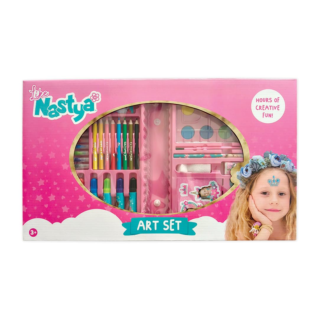 Like Nastya Art Set for Kids, Complete Craft Kit with Colored Pencils, Markers, Paints, Eraser, Stickers, Brush, Sharpener, School Supplies, DIY Art Box for Girls, Ages 3+, Drawing Fun (TT30228)