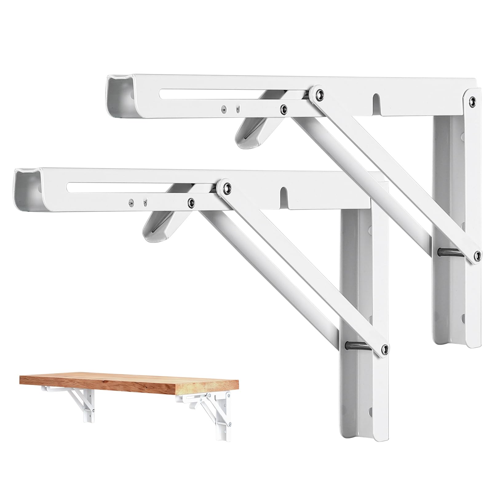 Photo 1 of 2 Pcs Folding Shelf Brackets,Heavy Duty Metal Collapsible Shelf Bracket for Benchfor WorkbenchShelf Hinge Wall Mounted Space Saving DIY Bracket,with Screws. (White, 12 Inch)