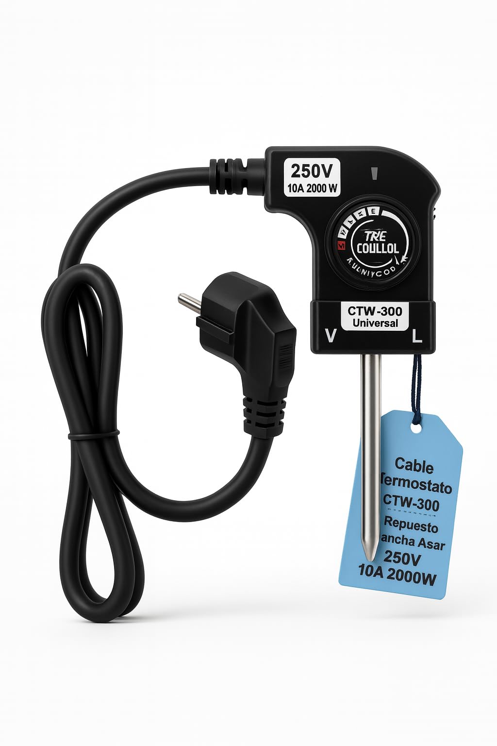 RECAMBIOS DREYMA Cable Termostato CTW-300 250V 10A 2000W 5 Niveles 0-280C 1 Metro Sonda 5.4cm Enchufe Europeo Tipo C Repuesto Plancha Asar Compatible con Princess Jata Fagor Montaje Facil