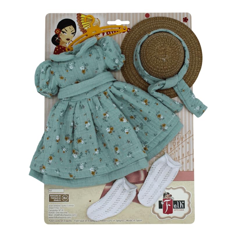 Set Ropa muñeca Folk Artesanía Vestido Verde Estampado y Sombrero Paja para muñecas colección Sintra, Simona, Mari's, Pepa's o Naia 41 cm.