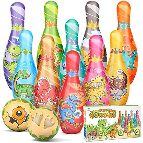 Sanlebi Bowling Toy Set, Skittles Game for Kids with 2 Soft Balls and 10 Dinosaur Pins Toys for Toddler Children Cover