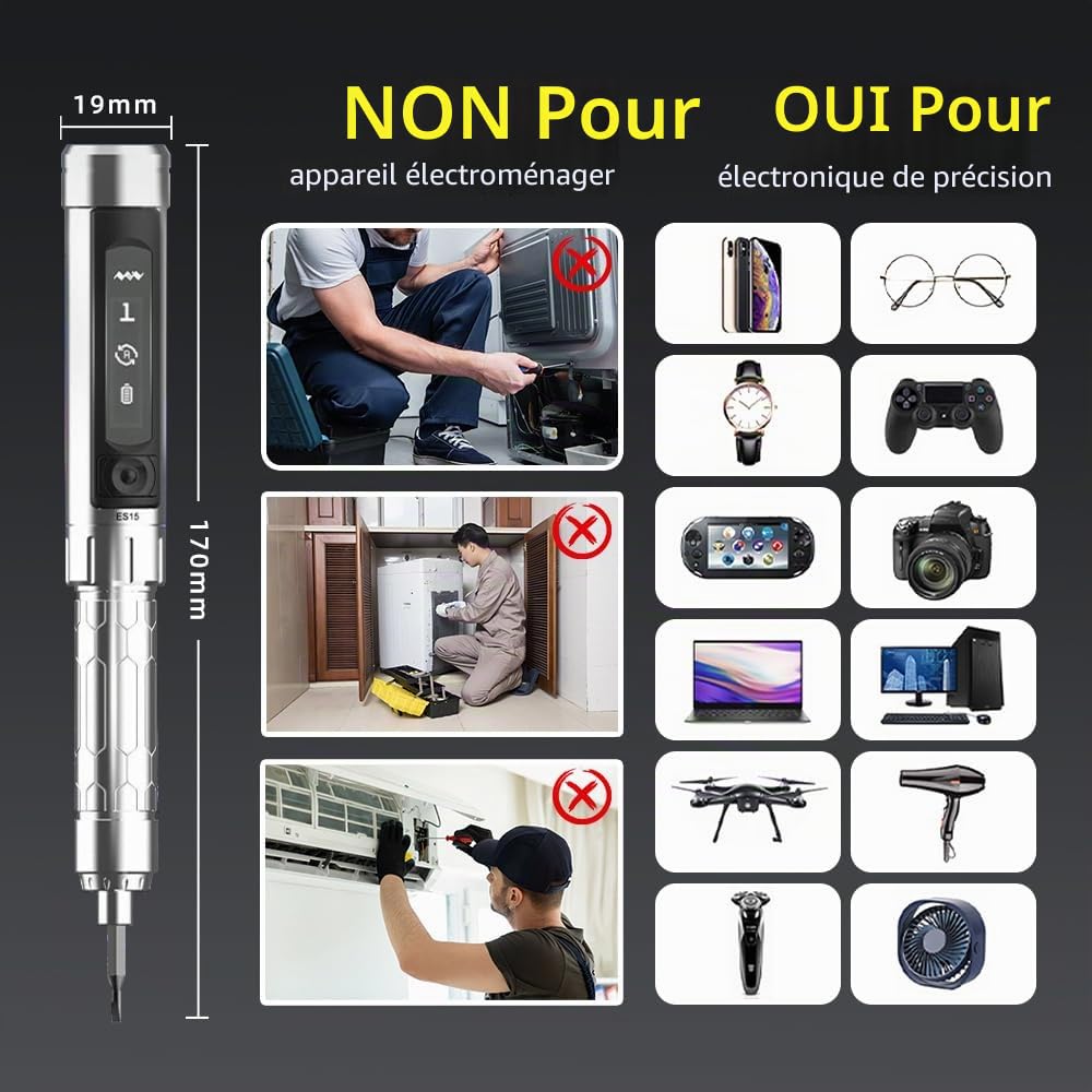 MINIWARE Jeu de Tournevis de Précision ES15, Mini Tournevis Électrique avec 24 Embouts Magnétiques, Couple à 5 Vitesses, Sans Fil, Réparation de Bricolage Rechargeables pour Petits Appareils