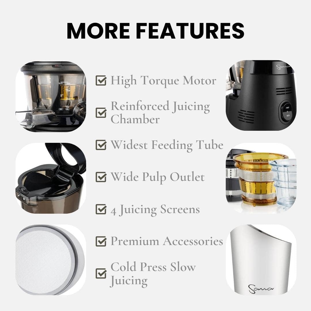 SANA 868 Wide Mouth Premium Cold Pressed Vertical Juicer | Patented Trap Door System | Includes 2 Premium Accessories | 240W High Torque Motor | 15 Year Warranty (Black)