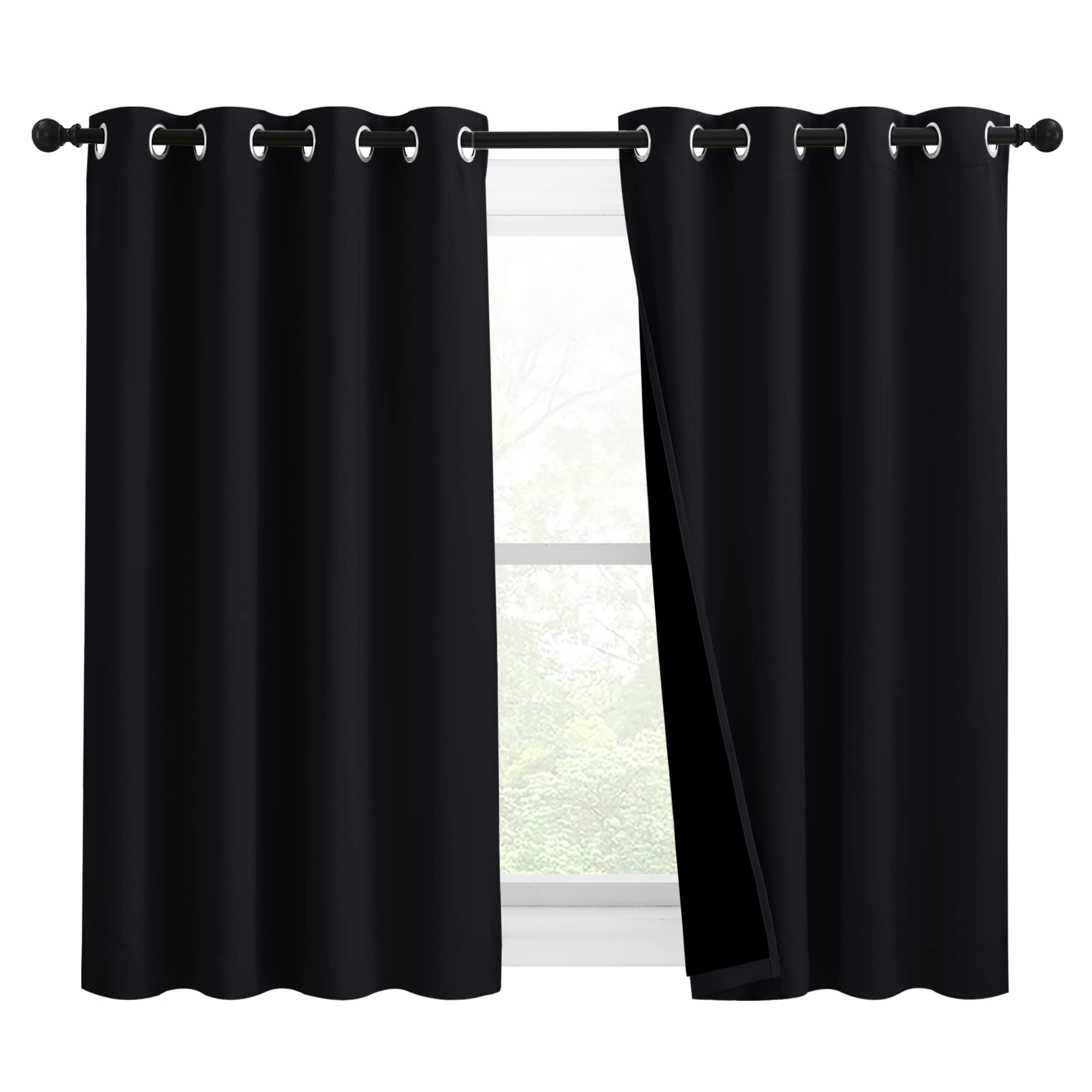 NICETOWN Complete 100% Blackout Curtain Set, Thermal Insulated &amp; Energy Efficiency Window Draperies with Black Liner, Noise Reducing Short Curtains for Kids Room (Black, 46"W by 54"L, Double Panels)