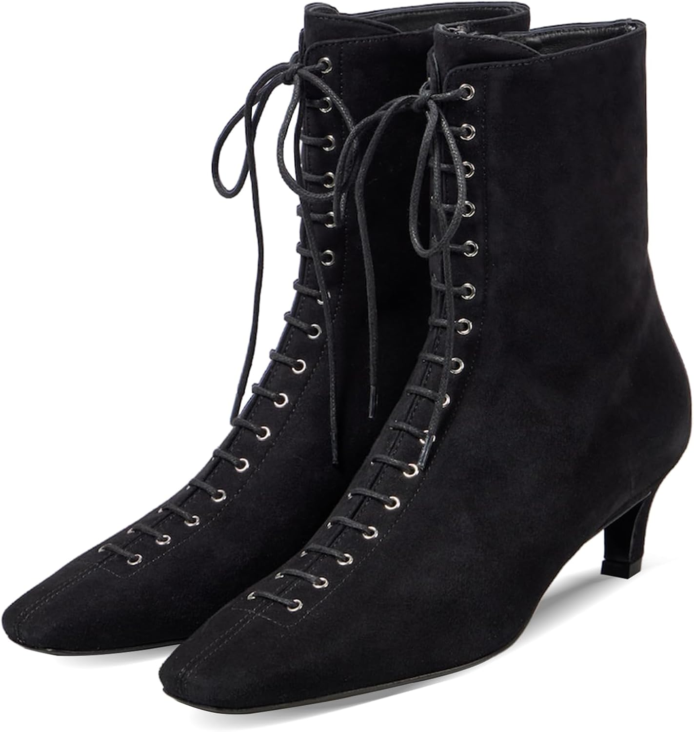 SEIFIN Kitten Heel Boots For Women Suede Lace Up Ankle Boots Square Toe Low Heel Short Booties Comfortable Soft Side Zipper Dressy Fall Winter Booties Shoes