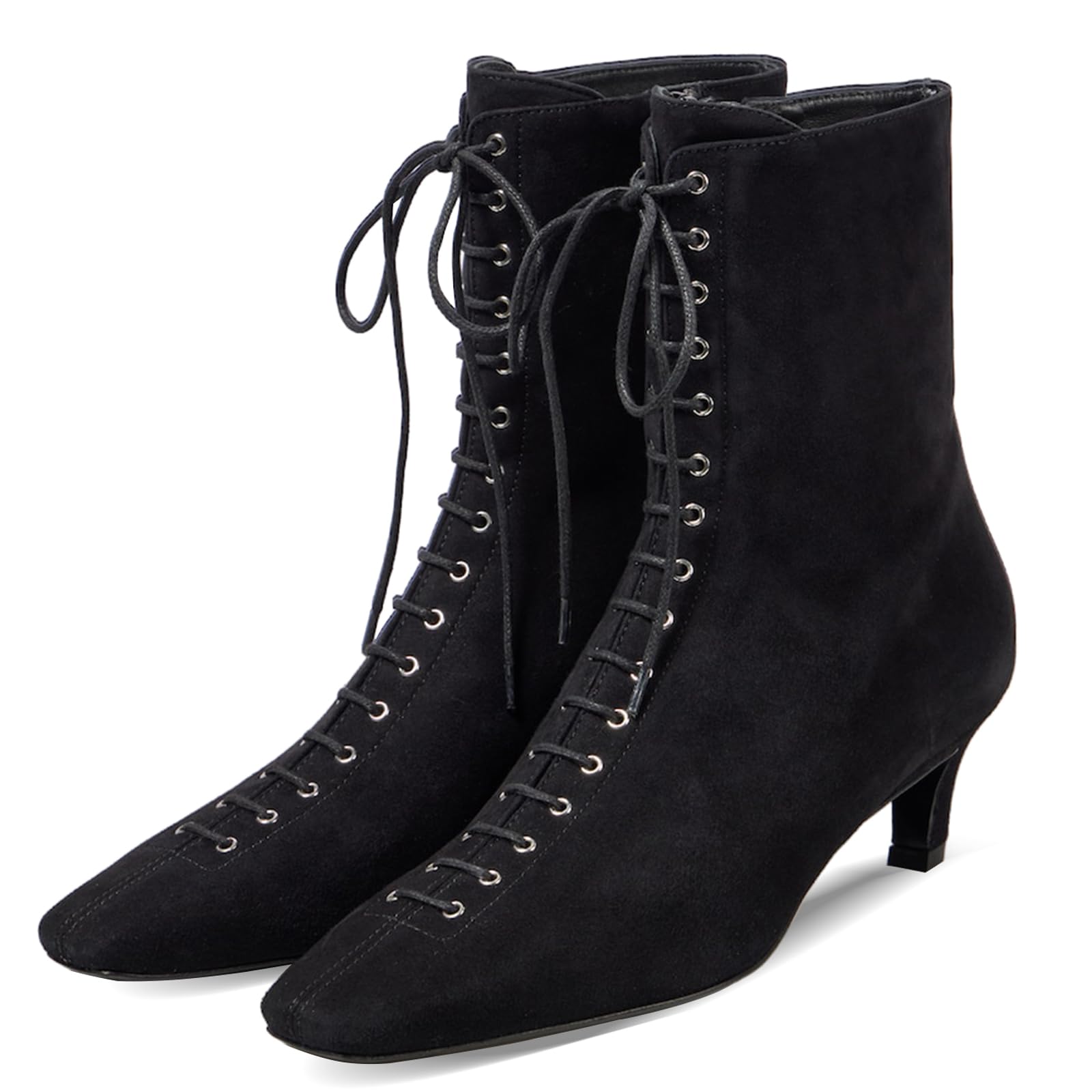SEIFIN Kitten Heel Boots For Women Suede Lace Up Ankle Boots Square Toe Low Heel Short Booties Comfortable